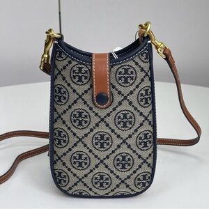 Tory Burch T Monogram Jacquard Navy and Brown Crossbody Bag